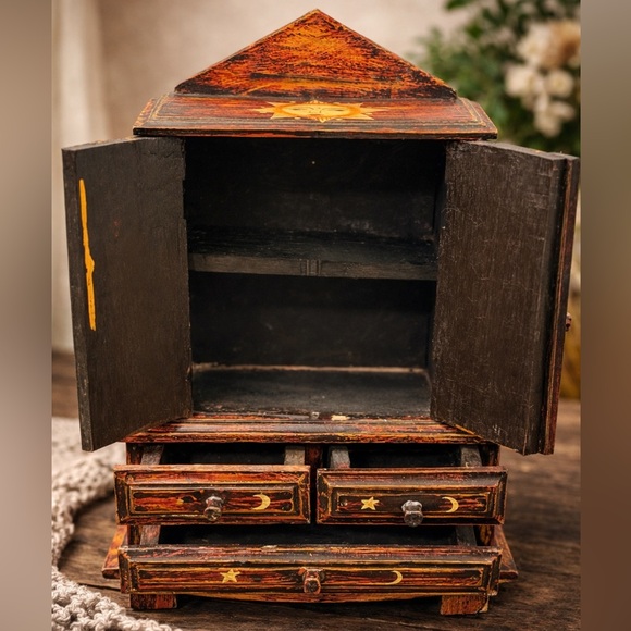 Vintage Hand Painted Sun Moon Wooden Jewelry Box Folk Art Cabinet - Picture 4 of 9